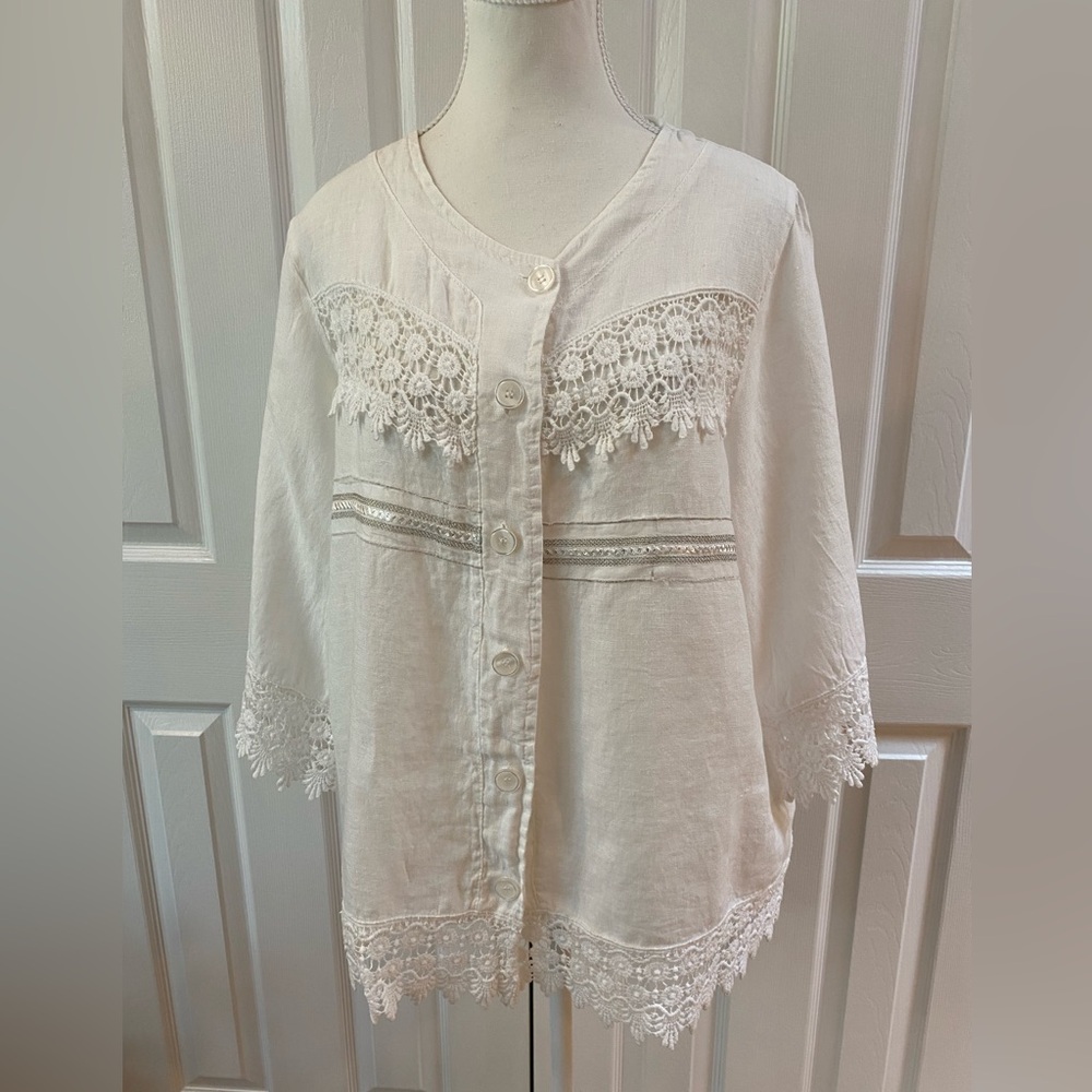 Piazza Del Tempio White Linen Crochet Lace Cuff and Waist Blouse Size L